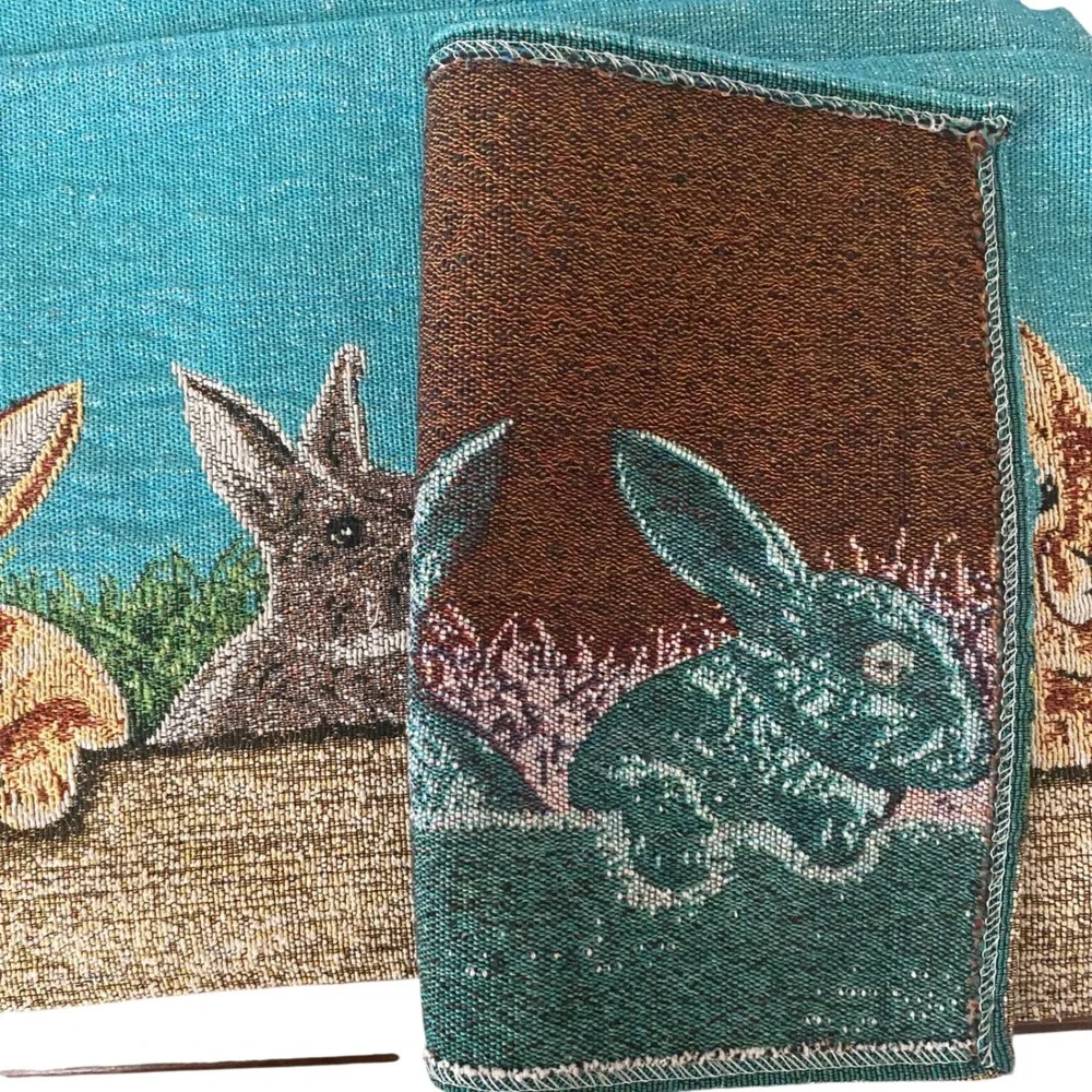 Set of 6 Woven Tapestry Bunny Rabbit Placemats Teal Rustic Easter‎ Spring Decor